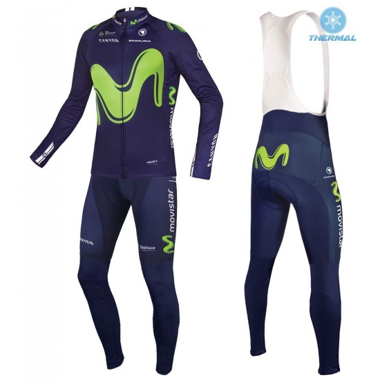 2017 Pro Team Movistar Winter Set Wielerkleding Wielershirt lange mouw+Lange fietsbroeken Bib 2504